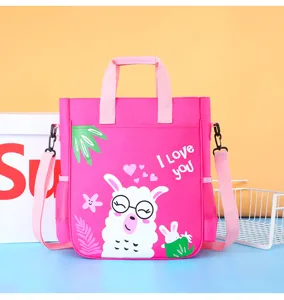 Cute cartoon student shoulder bag pink tote bag with lovely alpaca and rabbit pattern.