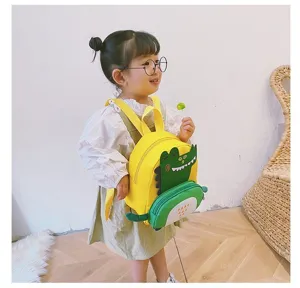 Cute cartoon dinosaur kids backpack for kindergarten, stylish yellow toddler school bag.