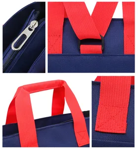 Detailed view of blue bag with red straps, showing heavy-duty zipper and reinforced stitching.