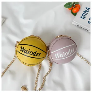 Cute basketball shape shoulder bag with chain strap, stylish PU leather crossbody bag for kids.