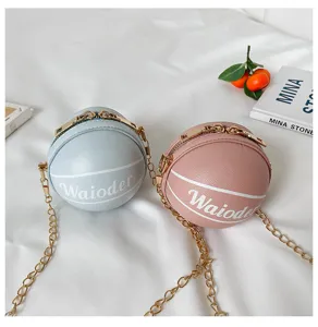 Cute round basketball shape shoulder bag with gold chain strap, stylish PU leather crossbody bag.