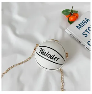 Cute white round basketball shoulder crossbody bag with gold chain for women and kids.