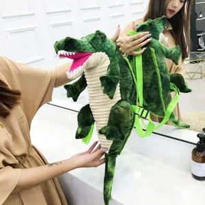 Mignon sac à dos en peluche alligator dessin animé pour femmes, sac d'école dinosaure doux, casual.