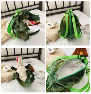 Vue détaillée du joli sac à dos en peluche dinosaure vert, matière douce avec bretelles réglables.