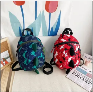 Children dinosaur backpack detail view, cute toddler school bag with 3D spikes, vibrant colors.