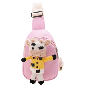 Simpatica borsa da petto per bambini con design di mucca, borsa a tracolla in tela rosa chic.