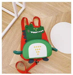Cute cartoon dinosaur kids backpack, red and green canvas school bag for toddler boys and girls.