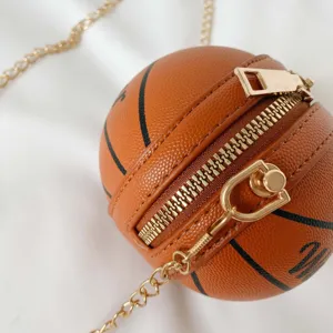Cute basketball shape crossbody bag with gold chain strap, stylish PU leather coin purse.