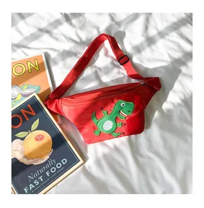 Kids red fanny pack with cute green dinosaur embroidery, casual nylon waist bag for children.