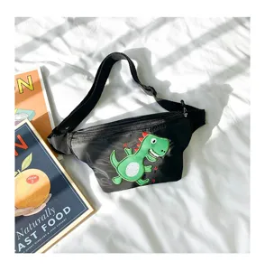Kids black fanny pack cute green dinosaur patch casual chest bag children messenger bag
