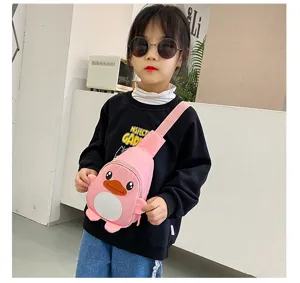 Joli sac de poitrine pour enfants canard rose, sac bandoulière léger en nylon pour garçons et filles.