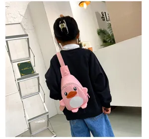 Sac de poitrine canard dessin animé rose en nylon pour enfants, sac bandoulière stylé.