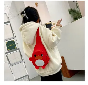 Joli sac de poitrine canard dessin animé pour enfants, sac bandoulière en nylon rouge vif.