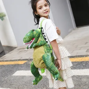 Sac à dos en peluche dinosaure vert mignon pour usage quotidien, cartable animal doux.
