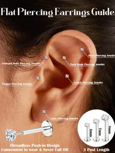 Vista detallada de pendientes de acero inoxidable 16G con parte trasera plana y guía de tallas.