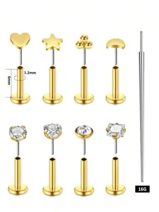 Vista detallada del juego de piercing labret push-in de acero inoxidable 16G con varios accesorios.