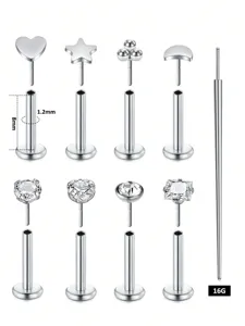 9pcs 16G acero inoxidable labret sin rosca push-in pendientes piercing set con circonitas.