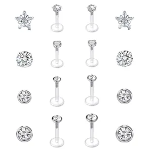 Set van 8 acryl labret knopjes met heldere strass, ster- en ronde ontwerpen, lichaamssieraden.