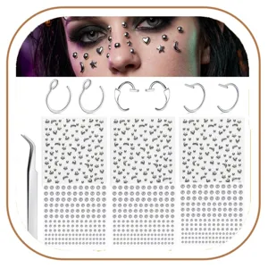Autocollants de Faux Bijoux de Piercing Ensemble Acrylique Strass Gemmes de Visage Étoiles Lune Faux Sourcils Lèvres Anneaux de Nez pour Fête
