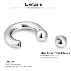 Detail view of stainless steel horseshoe circular barbell body piercing jewelry with clear thread.