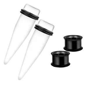 Detail view of acrylic ear stretching tapers and stainless steel tunnels body jewelry set.