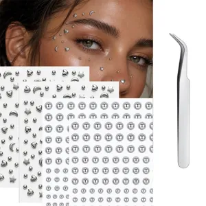 Autocollants de Visage Argent Métallisé Y2K Forme de Cœur Étoile Lune Boule Parure de Bijoux Sans Perçage Avec Pince