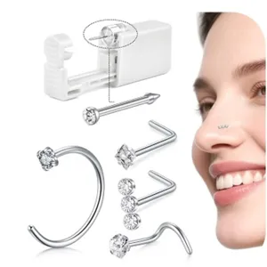 Kit de pistola de perforación de nariz desechable con aros de acero y tachuelas de cristal.