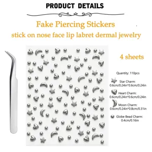 4 Feuilles de Faux Stickers de Piercing Étoile Cœur Visage Corps Bijoux Accessoires DIY