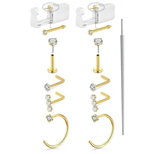 Vista detallada del kit piercing nasal desechable, con herramientas seguras y tachuelas de cristal.