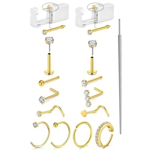 Kit de pistola de perforacion corporal desechable con varios anillos de nariz y joyas.