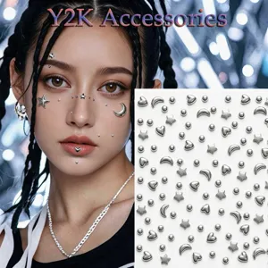 Y2K autocollants visage argent etoile coeur strass faux piercing bijoux 4 feuilles