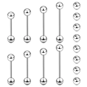 Stainless steel straight barbell body piercing jewelry set with extra threaded balls for piercing.