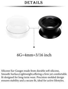 Close-up detail of soft silicone ear gauges stretching tunnels in black and white colors.