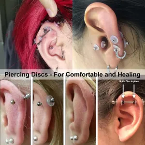 Silicone piercing discs details showing comfortable healing application and secure fit on ears.