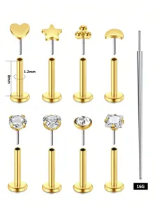 Set de 9 piercings labret de acero inoxidable 16G sin rosca con circonita y varios diseños