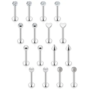 Set 16 pezzi piercing labret retro piatto in acciaio inossidabile per cartilagine.