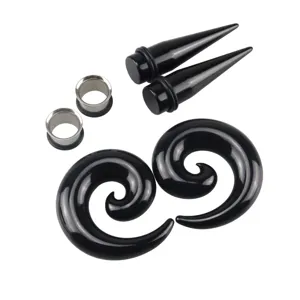 Acrylic ear stretching kit with black tapers, spirals, and steel tunnels. Ideal body jewelry.