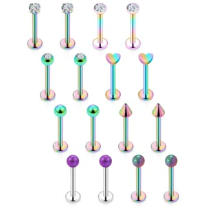Set 16 piercing labret 16G piatto, orecchini in acciaio inossidabile colorato per cartilagine.