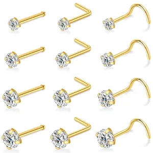316 Surgical Steel Nose Studs Rings Set For Women 20G Piercing Jewelry Gold Silver Plated Zirconia L-Shaped Curved Straight Bar Piercing Nose Piercing Jewelry