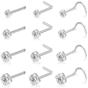 12pcs surgical steel nose rings studs set, sparkling cubic zirconia piercing jewelry.