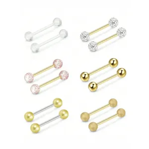 Stainless steel tongue nipple barbell body piercing jewelry detail view and multi-style set display.