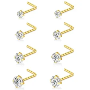 Gold tone L-shaped nose rings set with clear crystal stone, 20G piercing jewelry detail.