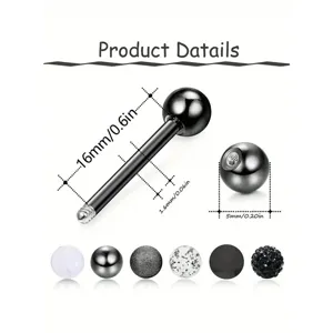 Stainless steel body piercing barbell with various interchangeable ball heads for daily wear.