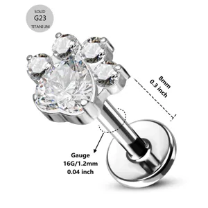 G23 Titanium Flat Back Earring 16G Dog Paw Cartilage Piercing Jewelry with Sparkle CZ