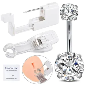 Disposable Belly Piercing Gun Kit With Stainless Steel Rhinestone Navel Ring Self Piercing Tool Set And Alcohol Pads