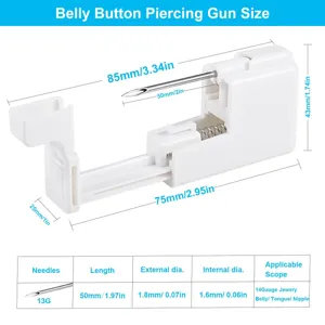 Belly button piercing gun set with 13G sterile needles and clear dimension specs.