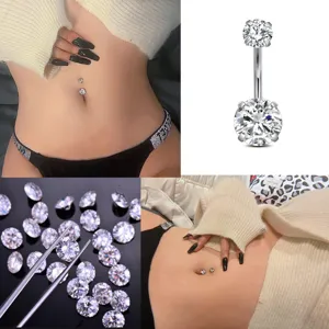 Stylish stainless steel cubic zirconia navel ring body piercing jewelry set for women.