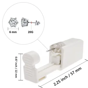 Vue détaillée des dimensions du pistolet perce-oreilles jetable avec clou en zircon.