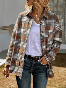 Giacca camicia in lana a quadri casual autunno inverno, vestibilità ampia maniche.