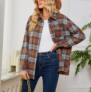 Donna giacca camicia a quadri casual autunno inverno tasche cappotto largo elegante